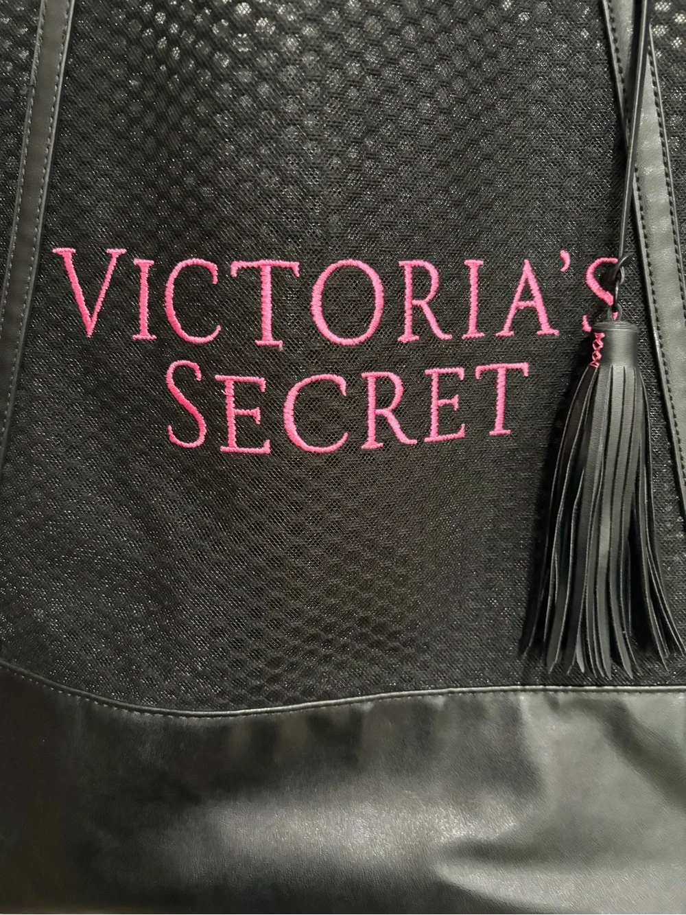 Victoria's Secret Limited Edition Black Mesh Tote Bag with Pink Logo & Tassel